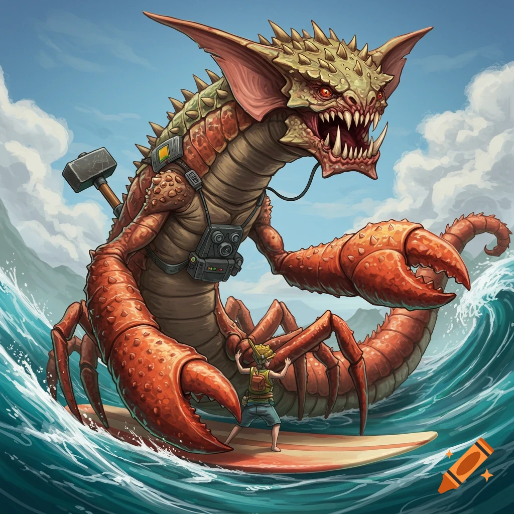 A giant crab-like monster with a hammer on its back surfing a wave with a person.