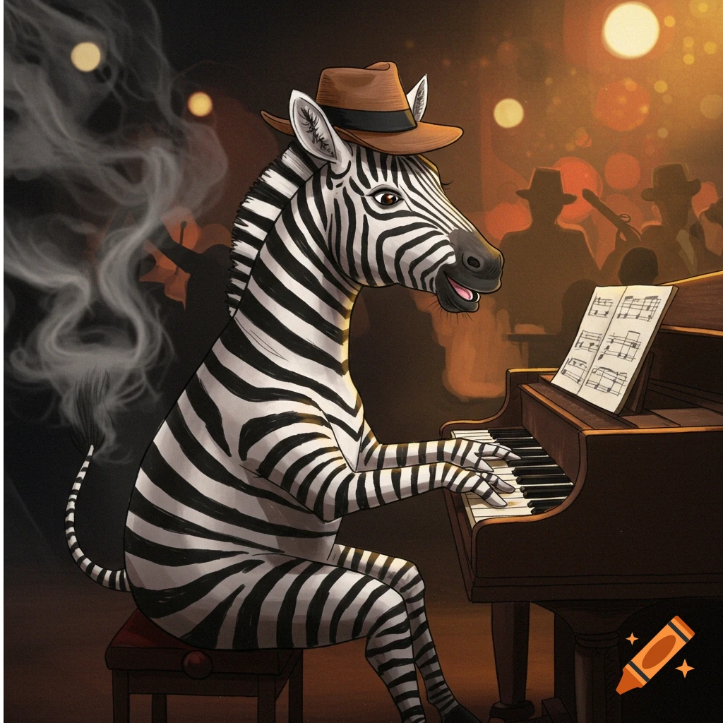 Illustration of a zebra wearing a hat playing a piano in a smoky club.