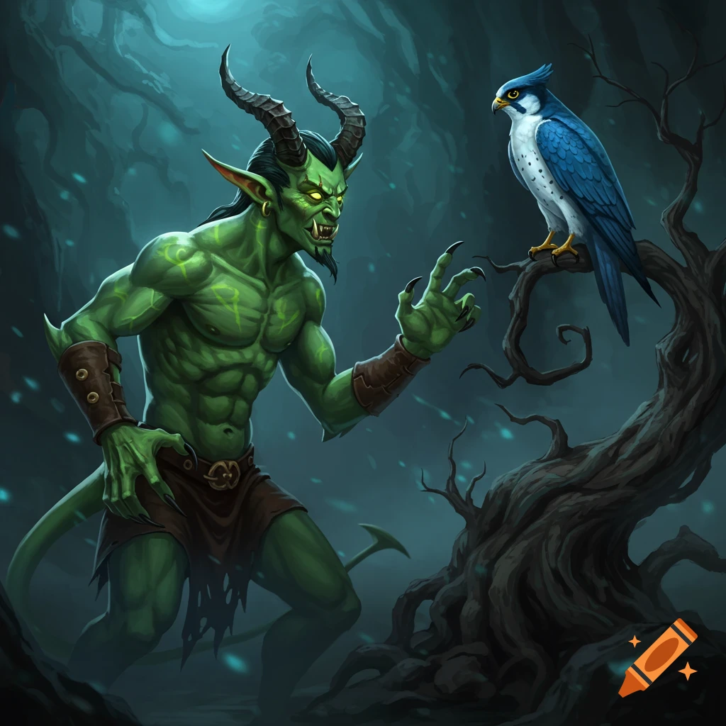 Green demon facing blue falcon on tree branch in dark forest