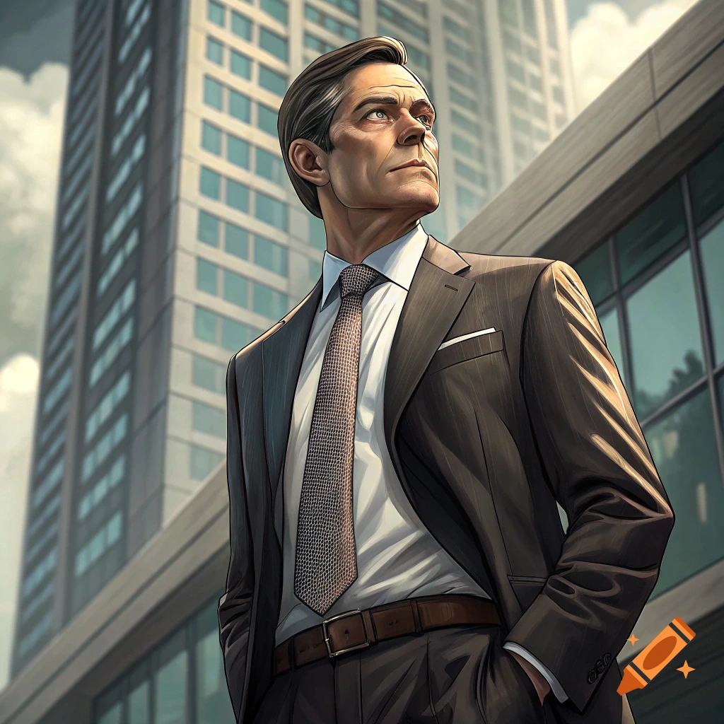 Man in a suit looks up at a tall building.