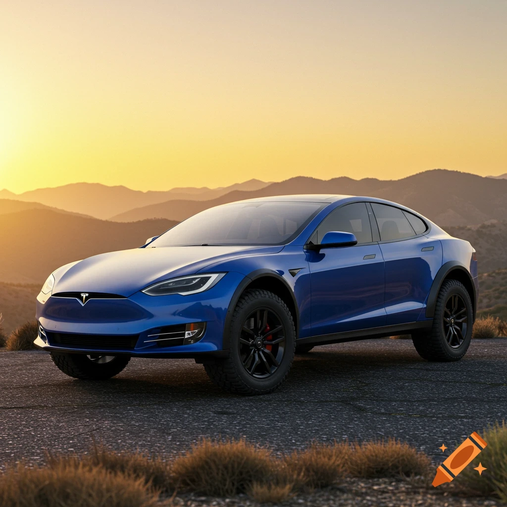 A blue lifted Tesla Model S electric car parked on a road with mountains at sunset.