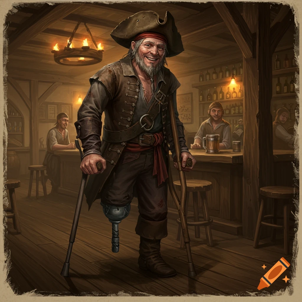 A smiling old pirate with a prosthetic leg and crutches stands in a busy tavern.