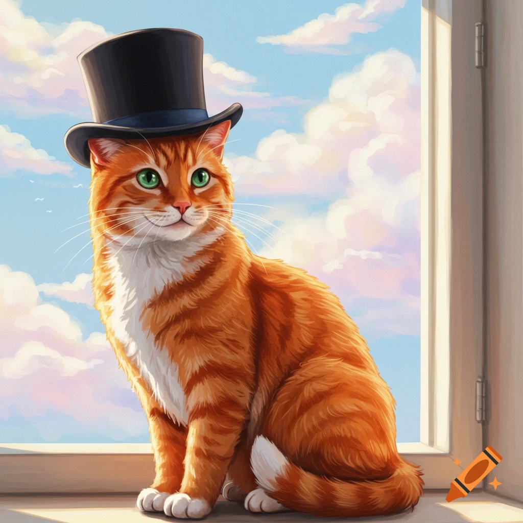 An orange tabby cat wearing a black top hat sits on a windowsill and looks outside at a cloudy sky.