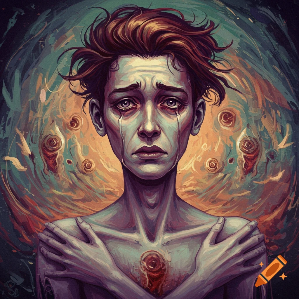 A person with tears streaming down their face, clutching themselves, surrounded by abstract shapes.