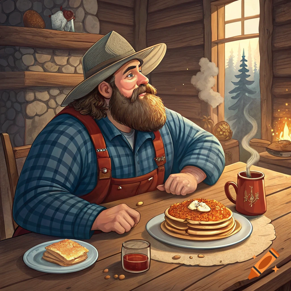 Lumberjack man eating breakfast at a table in a rustic cabin.
