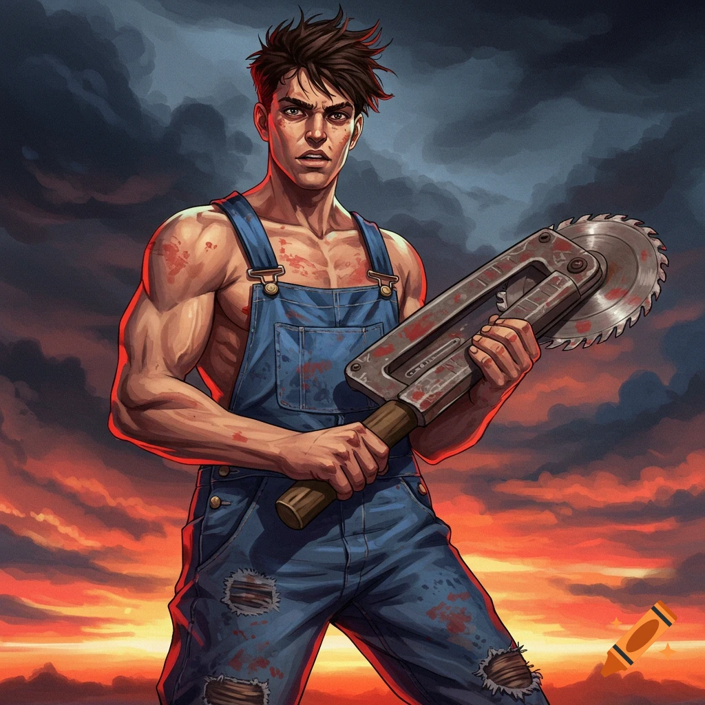Muscular man in torn overalls holds a saw, splattered with blood, under a dramatic sky.