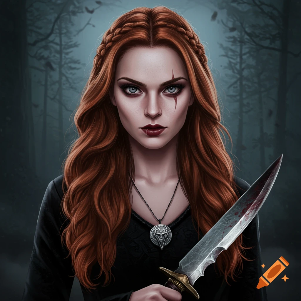 A red-haired woman with a facial scar holding a bloody knife in a dark forest.