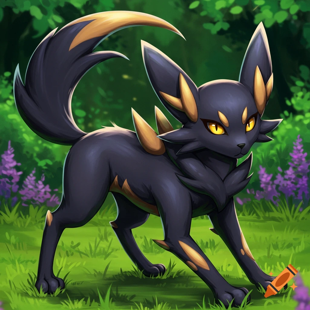 A black creature resembling an Umbreon with yellow markings stands in a forest clearing.
