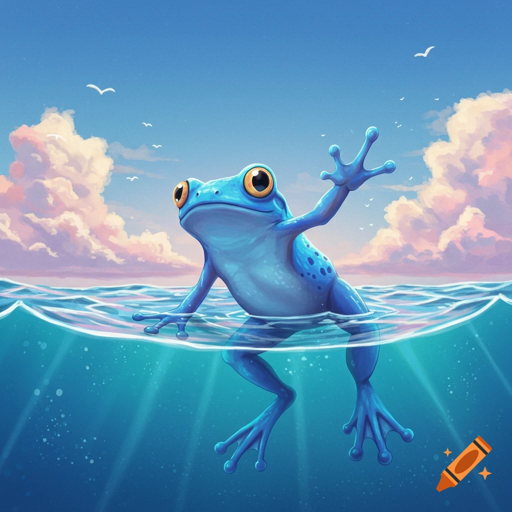 A blue cartoon frog floats in the ocean under a cloudy sky.