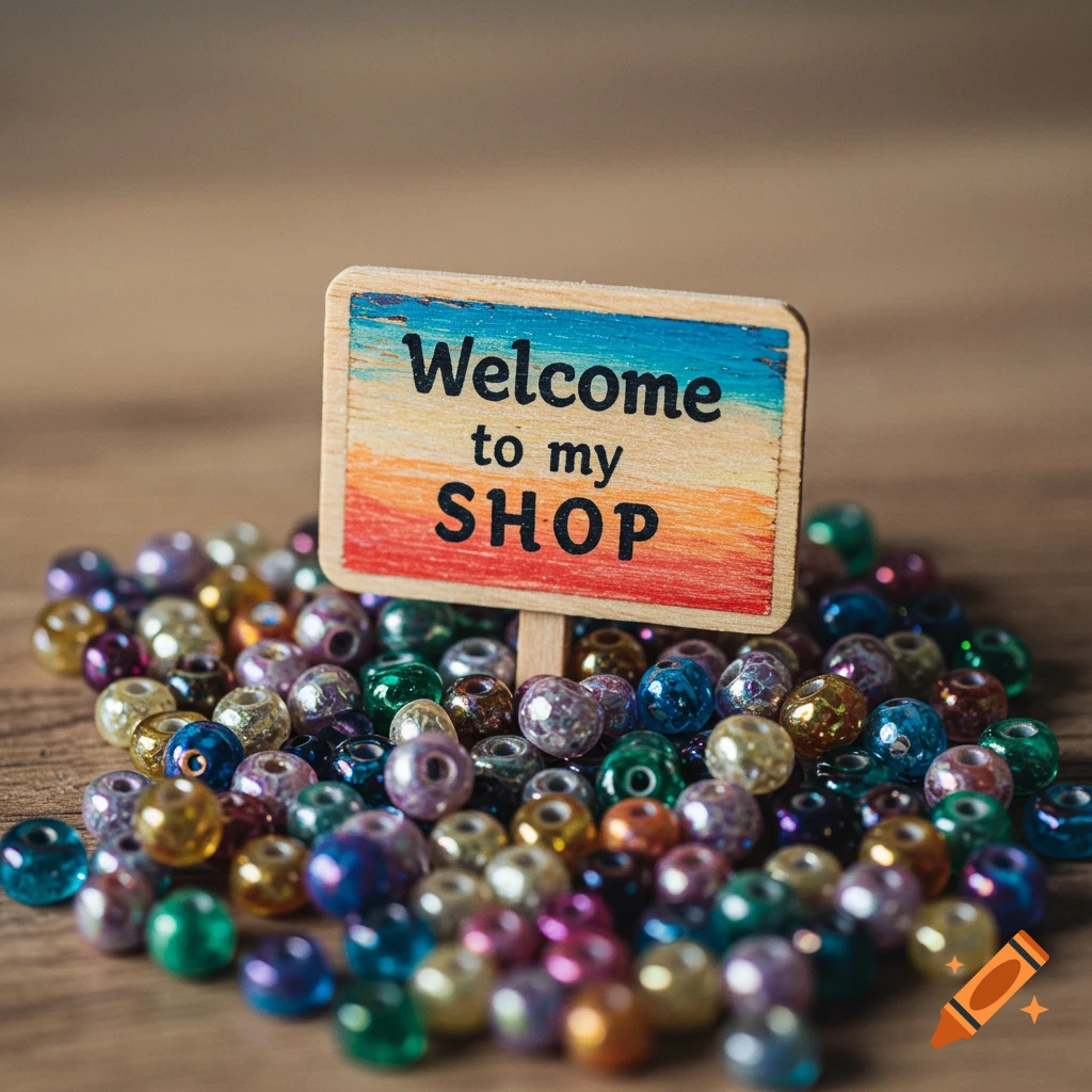 Pile of colorful, shimmering beads with a small sign reading 'Welcome to my SHOP' on a wooden surface.