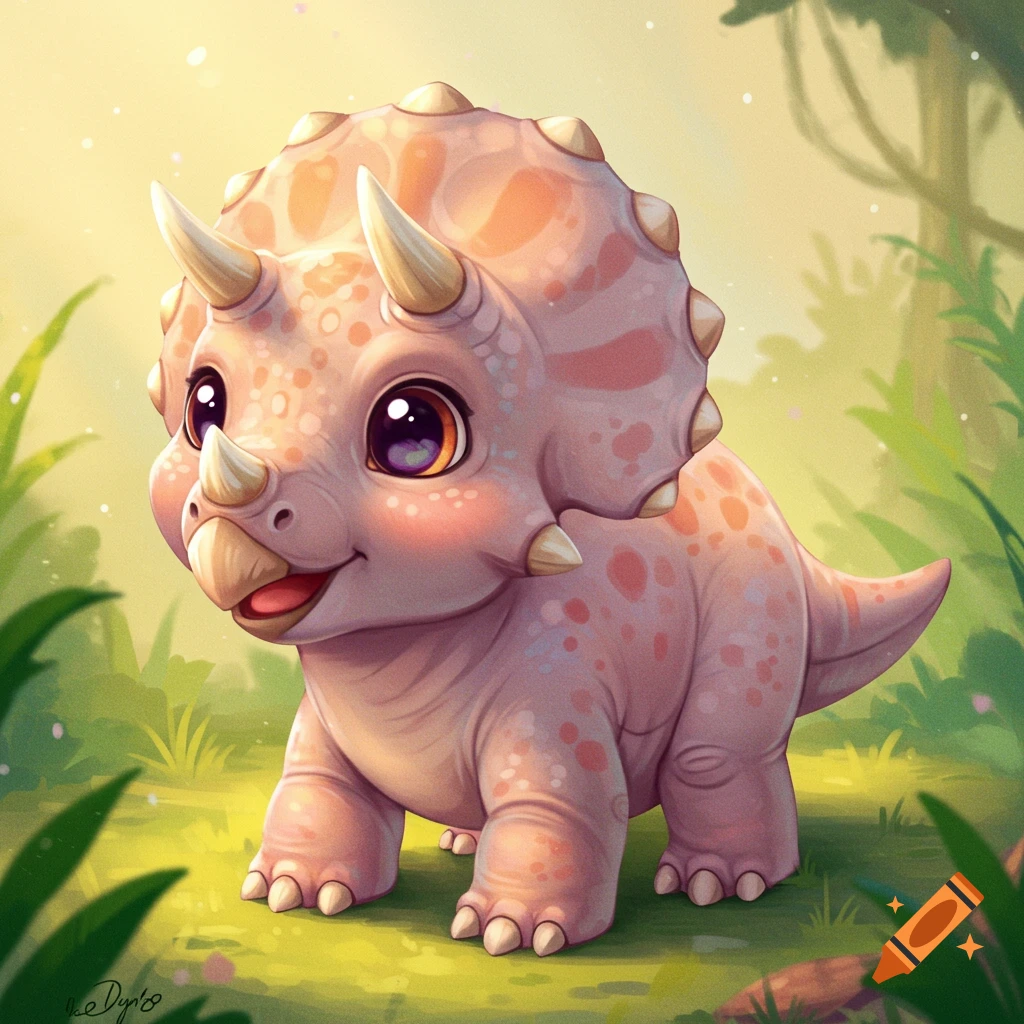 Cute baby triceratops in a jungle setting