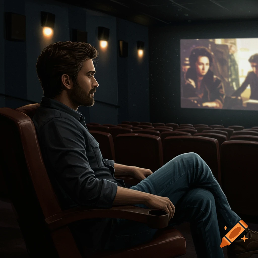 A man sits watching a movie in a dark theater.