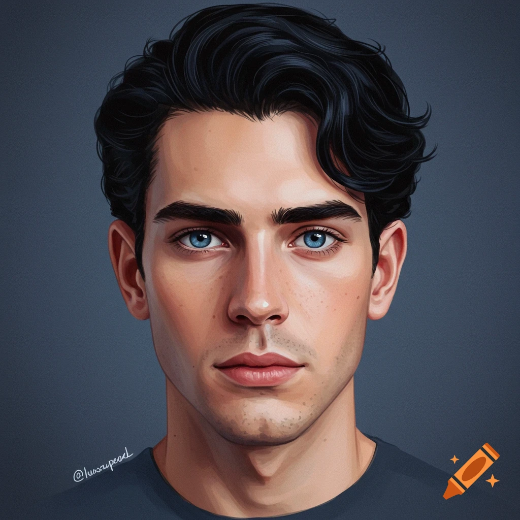 A young man with black wavy hair and blue eyes.