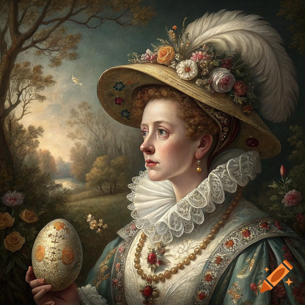 Painterly historical portrait of a woman in elaborate dress holding a decorative egg in a landscape.