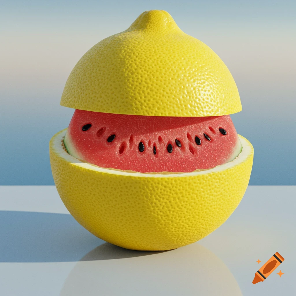 Photorealistic rendering of a giant cut lemon with a slice of watermelon inside, on a reflective surface.