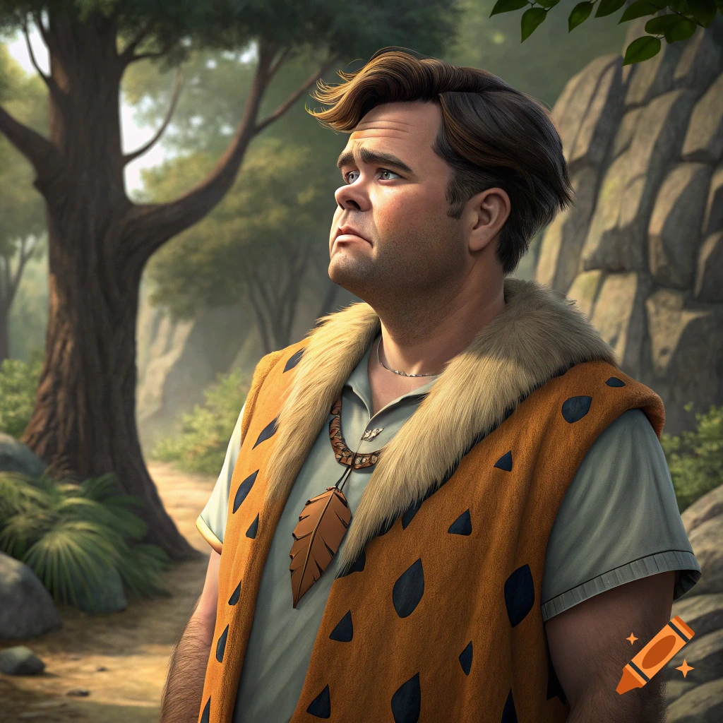 A man wearing a spotted fur vest and feather necklace stands in a prehistoric landscape, looking upwards.