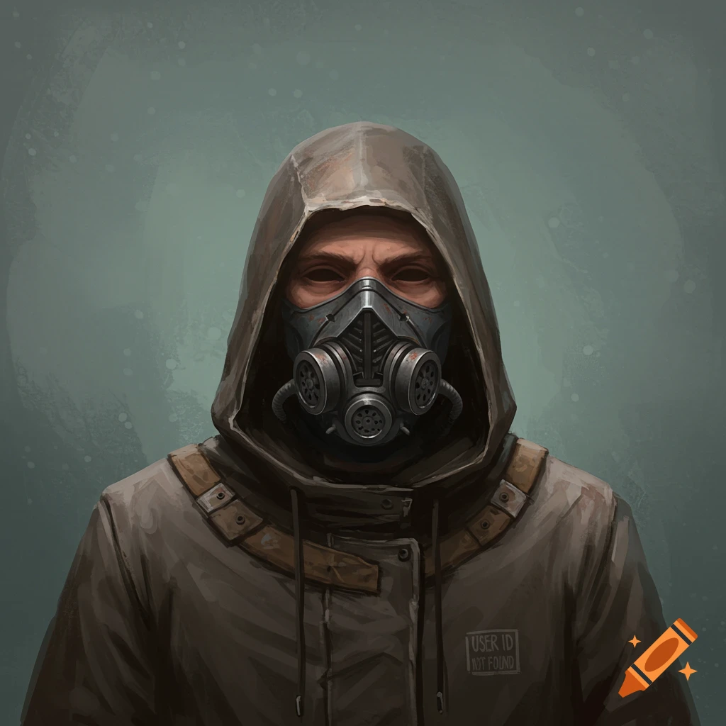 Painting of a person in a brown hooded jacket and gas mask with a label that says "USER ID NOT FOUND".
