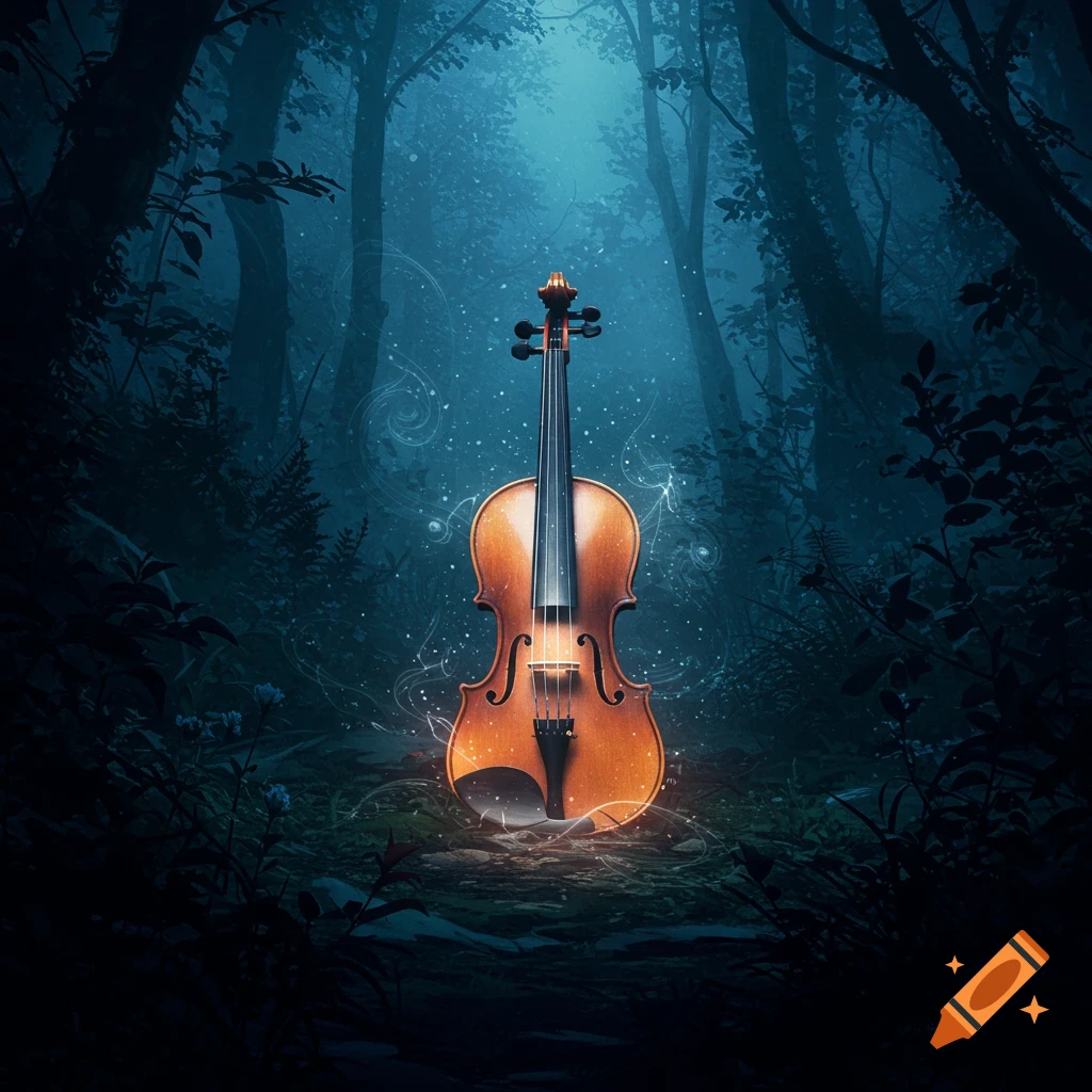 A violin stands in a dark, mysterious forest with glowing light and swirling magic.