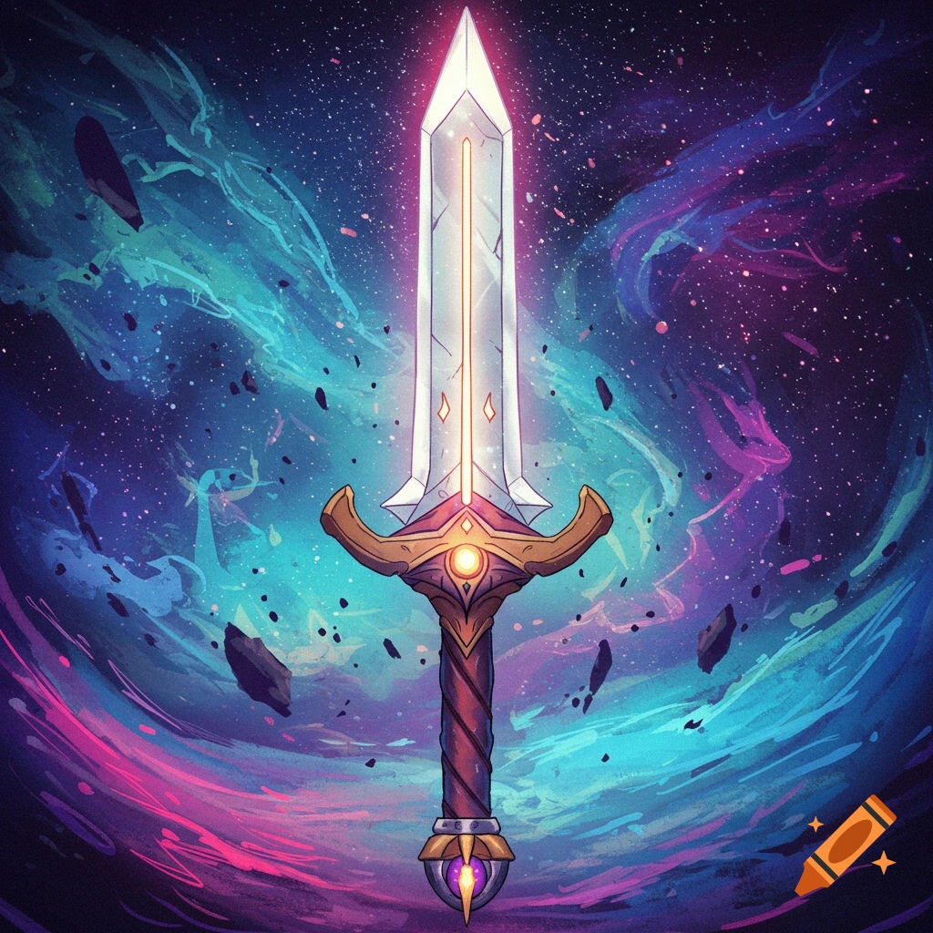 A glowing fantasy sword against a swirling cosmic nebula background.