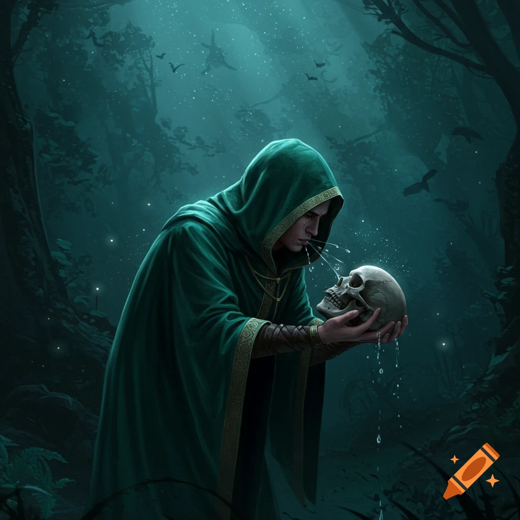 A robed figure holds a skull in a dark forest.