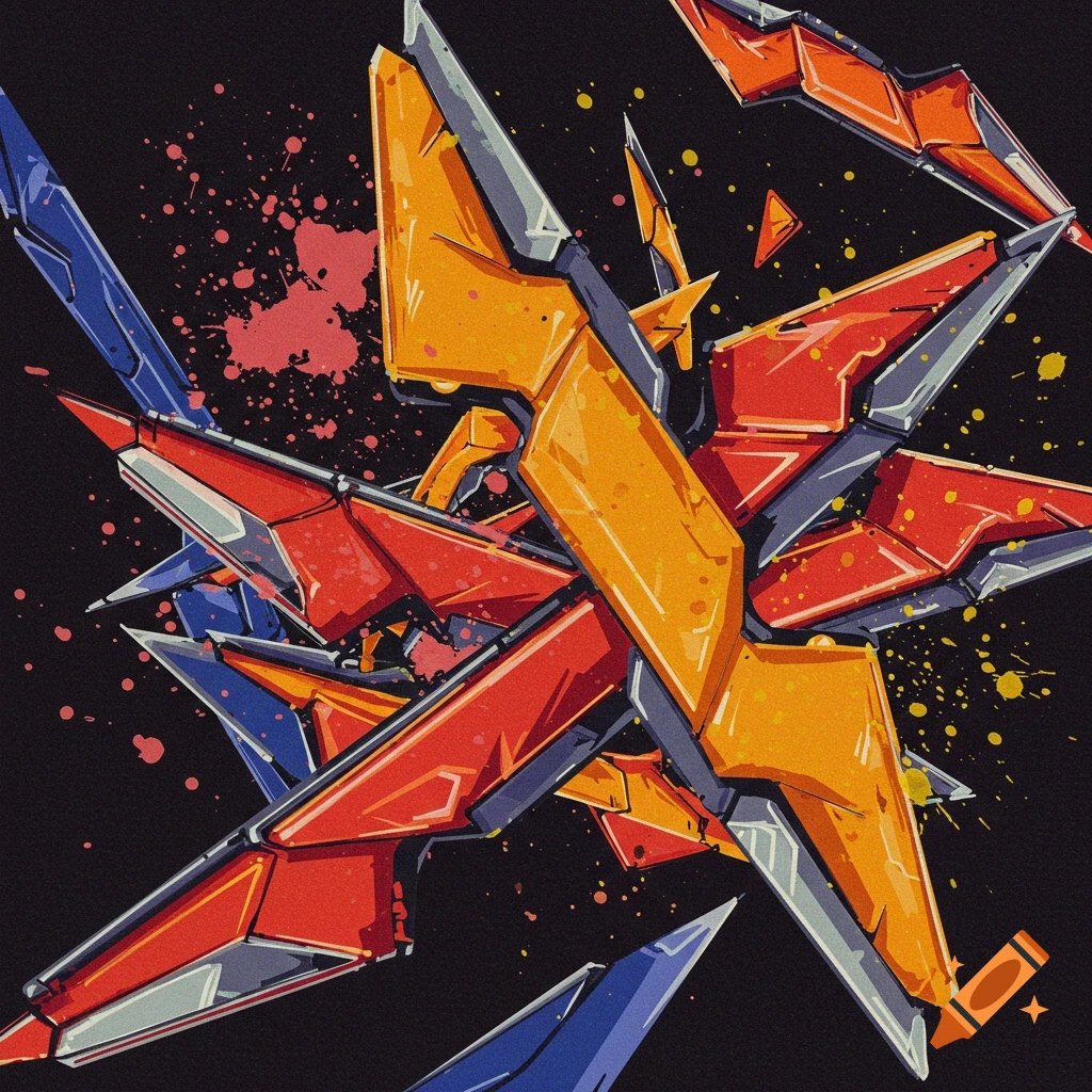 Abstract geometric image with sharp red, orange, and blue shapes and paint splatters on black background.