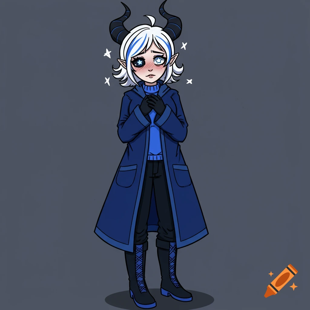 An illustration of a shy fantasy character with horns, blue and gray star-shaped eyes, white hair with blue stripes, wearing a blue coat.