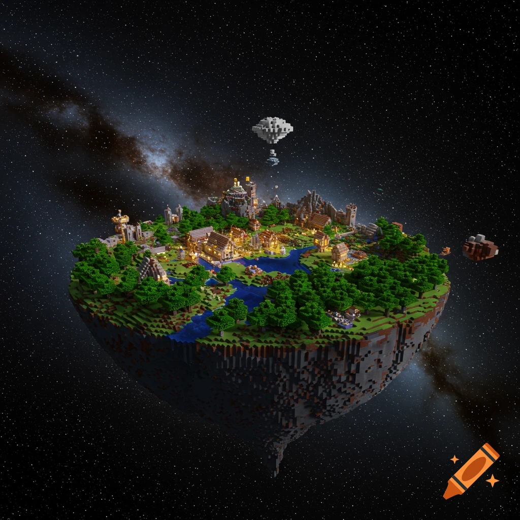 Minecraft-style floating island with a village, river, and trees in space.