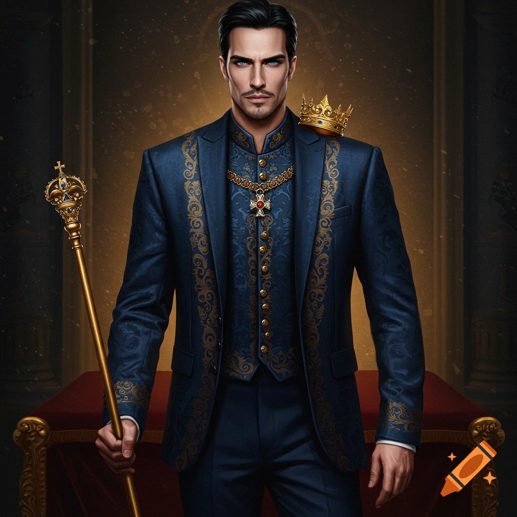 A man in a blue king's suit holds a scepter, with a crown on his shoulder.
