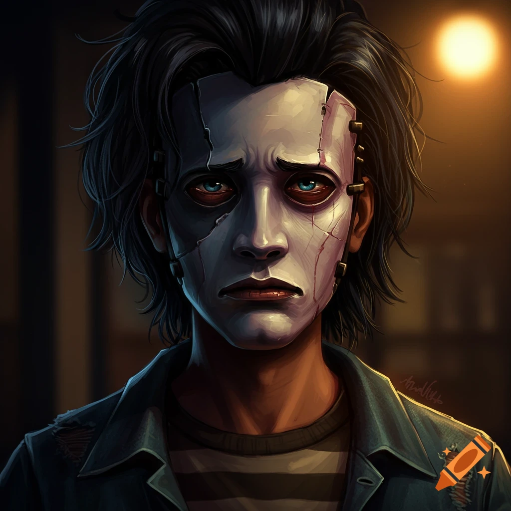 A portrait of a person wearing a white, cracked mask with metal pieces, looking sad.