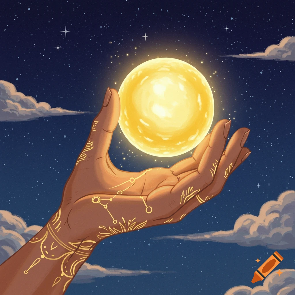 A hand holds a shining sun or moon against a starry night sky.