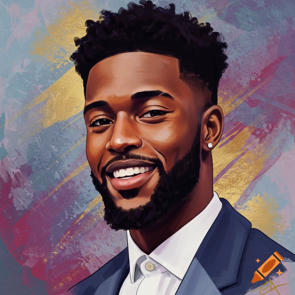 A smiling man in a suit jacket is against a colorful background.