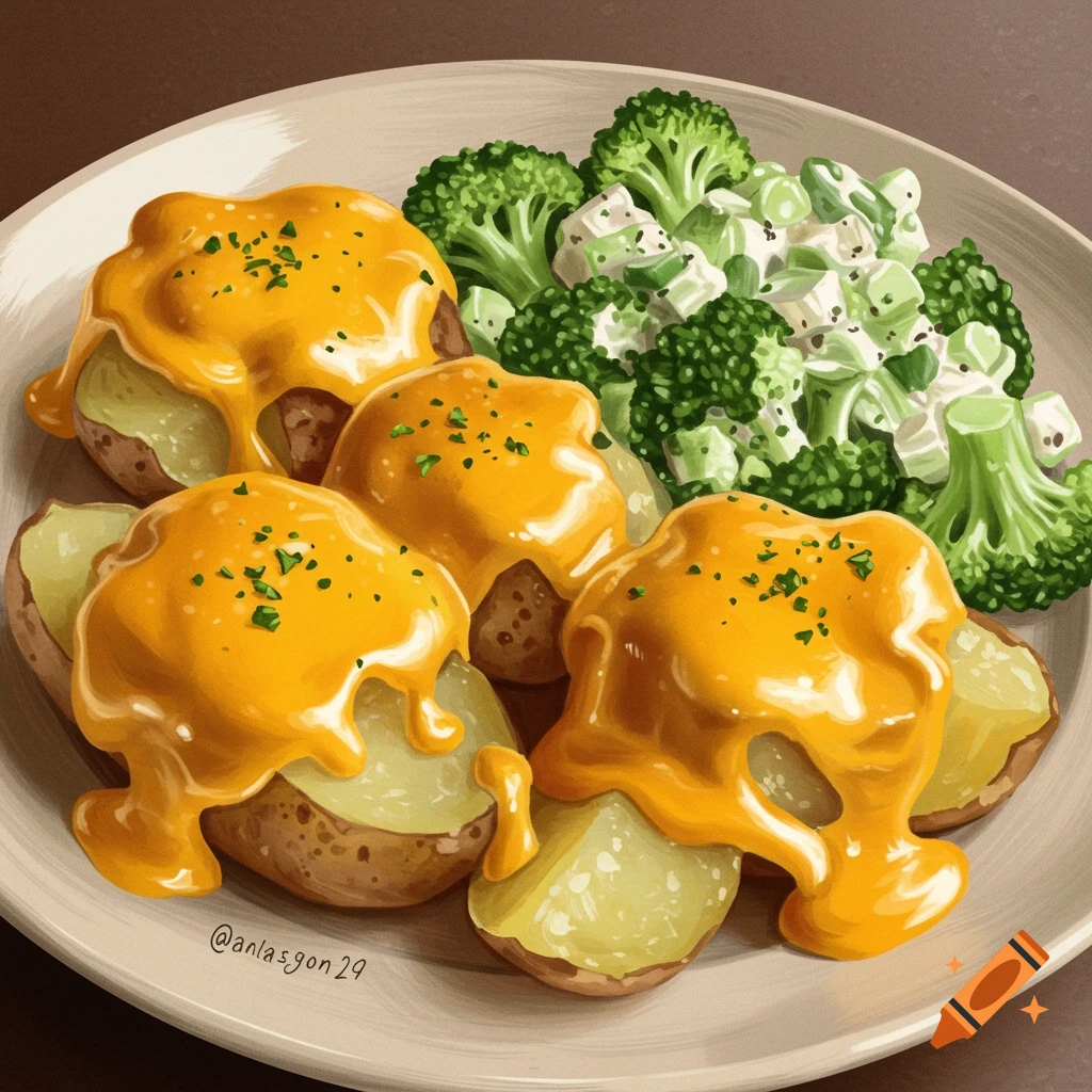 Cheesy potatoes and broccoli salad on a plate.