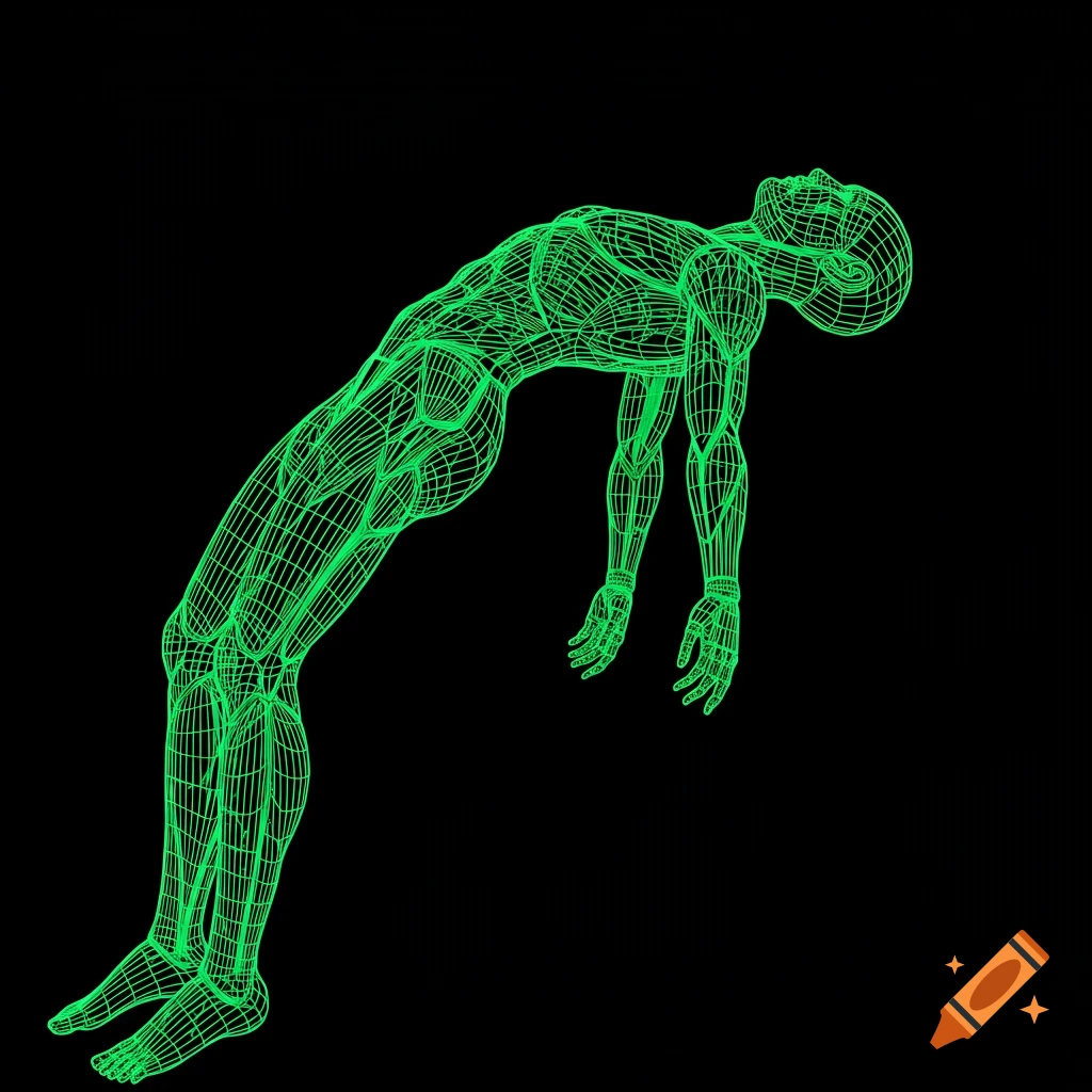 Green wireframe rendering of a human body floating or falling backward.