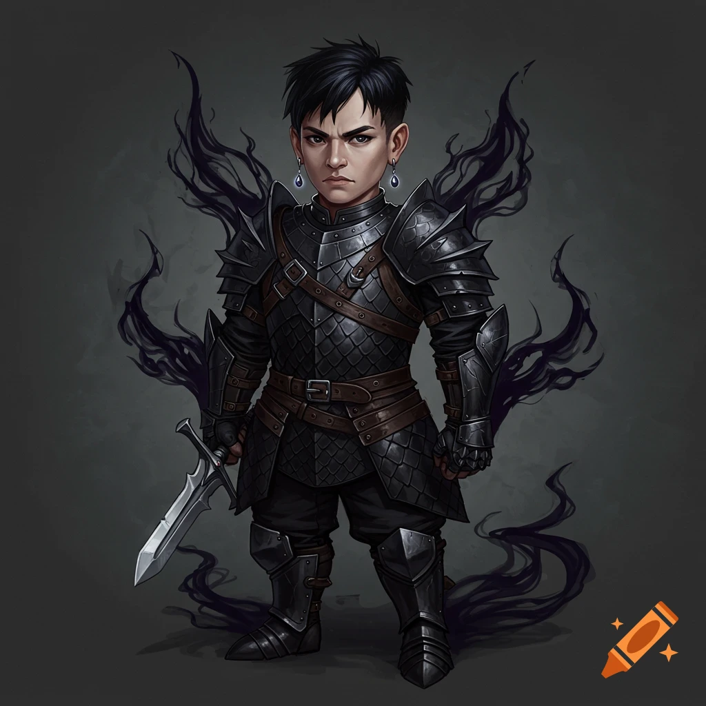 A short fantasy character in black armor with a sword and shadow tendrils.