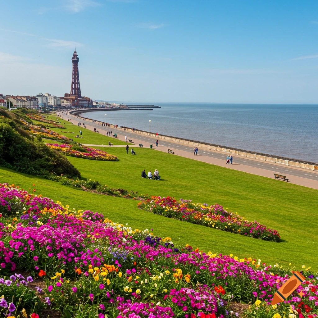 Waterfront park with colorful flower beds and a tower in the background.