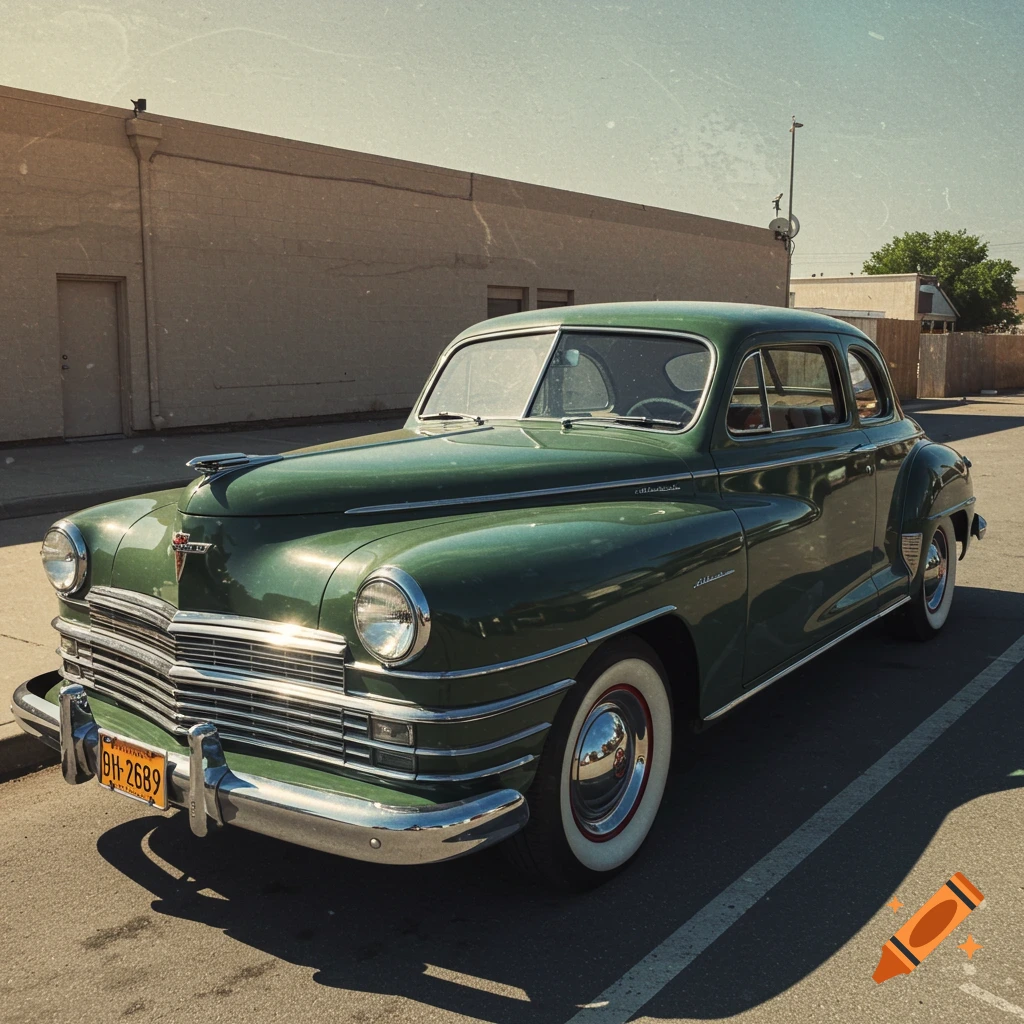 A green vintage car parked on a street under sunlight, with an aged photo filter.