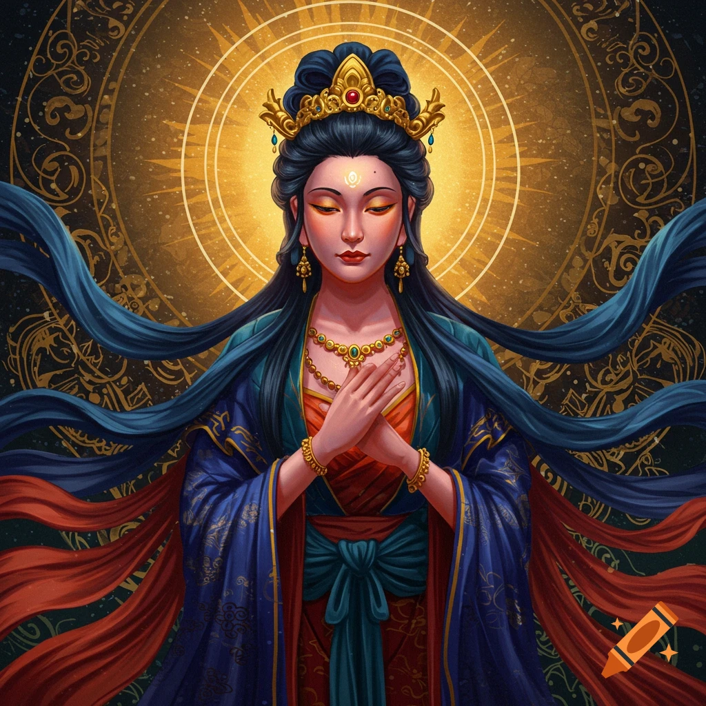 A divine figure in ornate clothing with closed eyes and hands clasped, against a gold sunburst background.