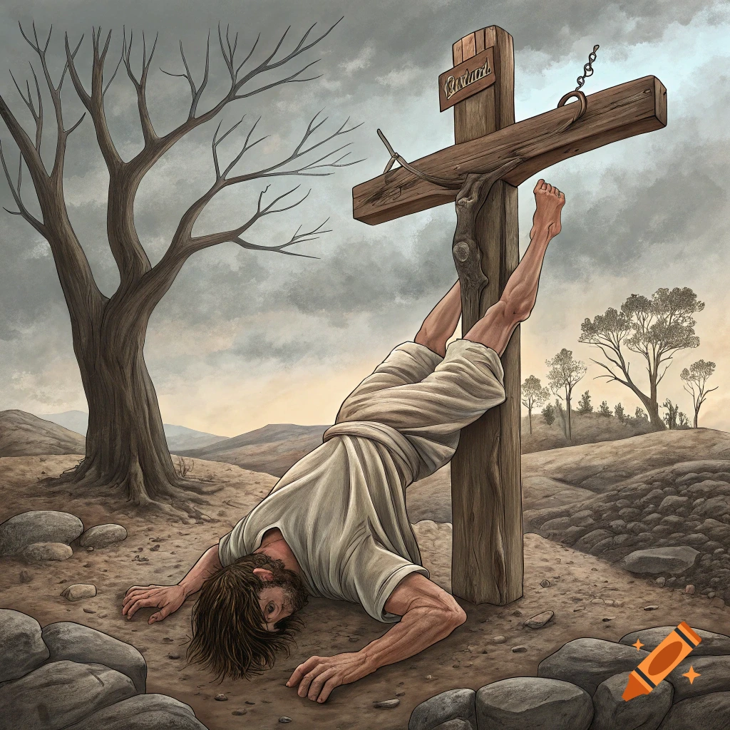 Illustration of St. Peter being crucified upside down on a cross on a barren hill under a cloudy sky.