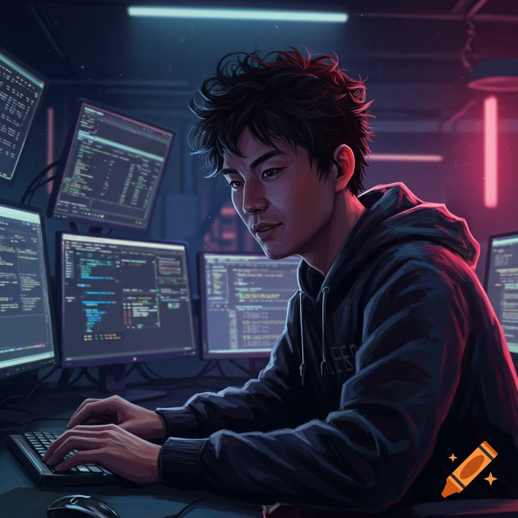 A person is coding at multiple monitors in a dark room with neon lights.