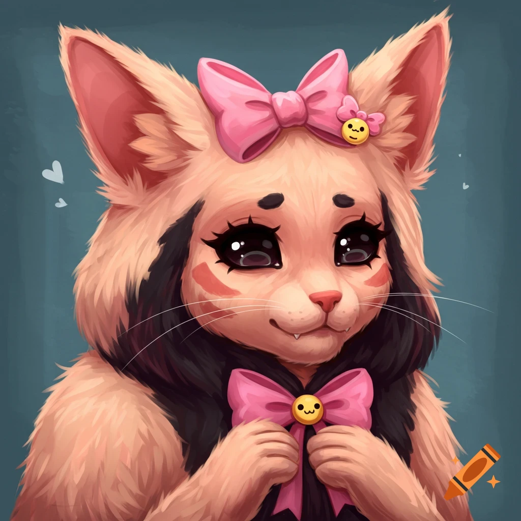 A cute anthropomorphic feline-like character with pink bows, large eyes, and furry ears, digital art.