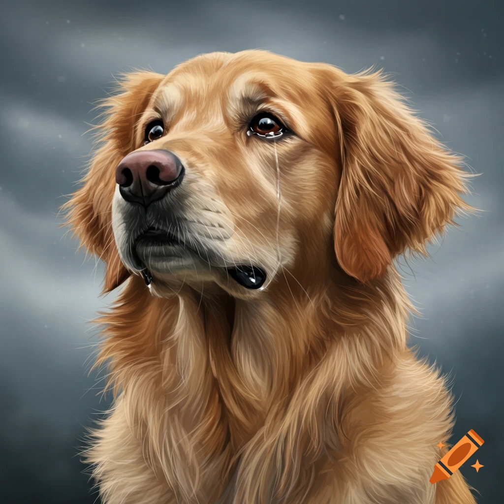 A golden retriever dog with tears in its eyes