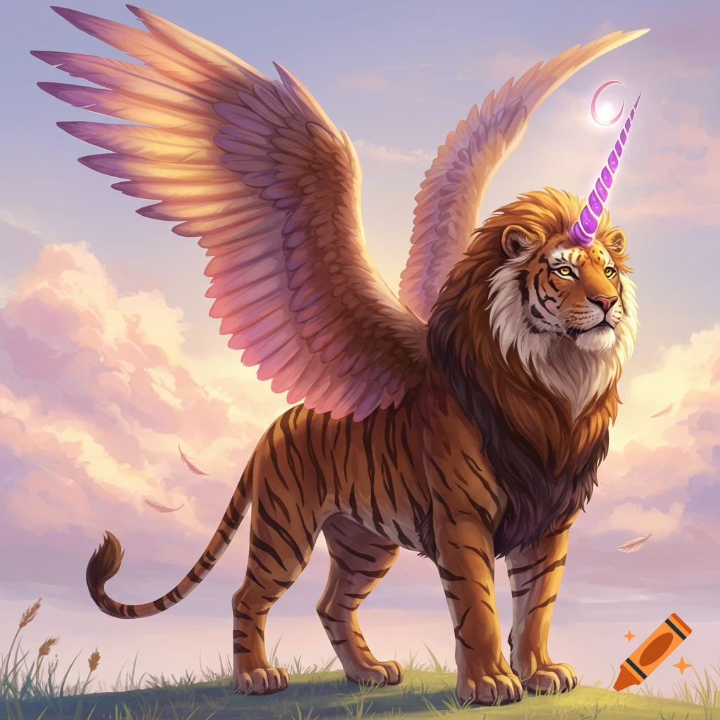 A winged lion with tiger stripes and a unicorn horn stands on a grassy hill at sunset.