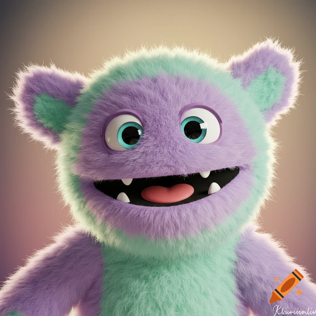 A cute, fluffy monster puppet with purple and green fur, big eyes, and a wide grin.