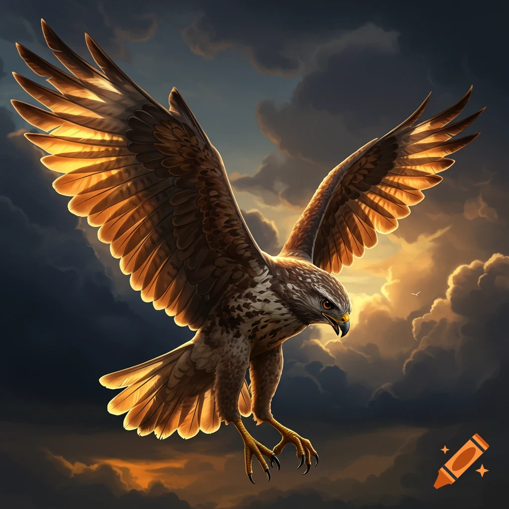 A hawk flying with wings spread against a stormy sunset sky.