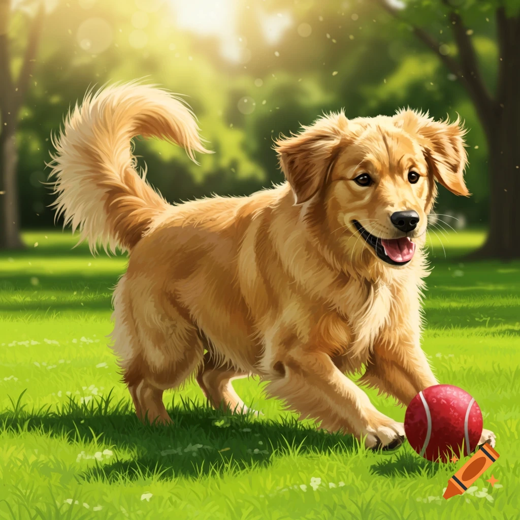 A golden retriever dog plays with a red ball in a sunny park.