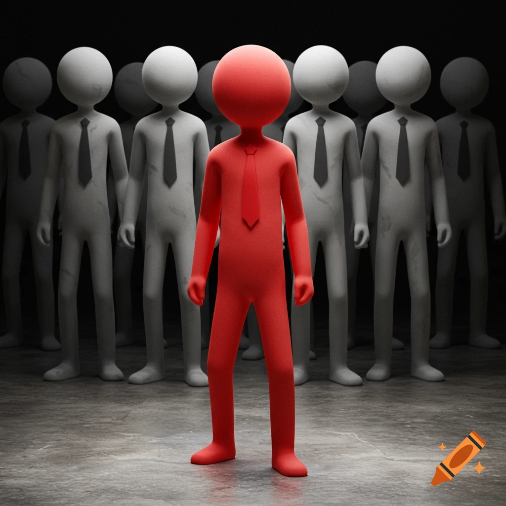A red stylized figure stands in front of a crowd of grey figures in suits. 3D render.