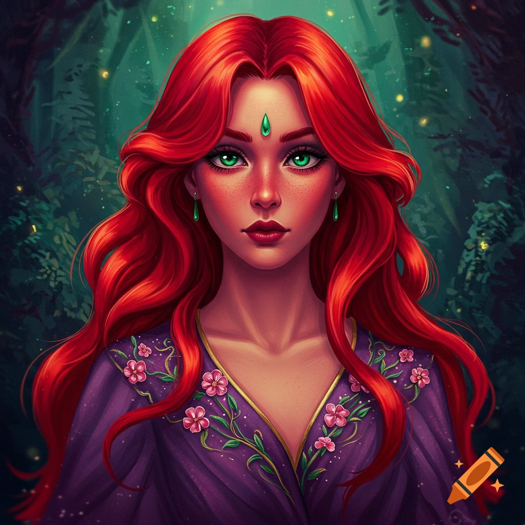 A woman with long red hair, green eyes, and a green gemstone on her forehead, wearing a purple dress with flowers, in a forest.