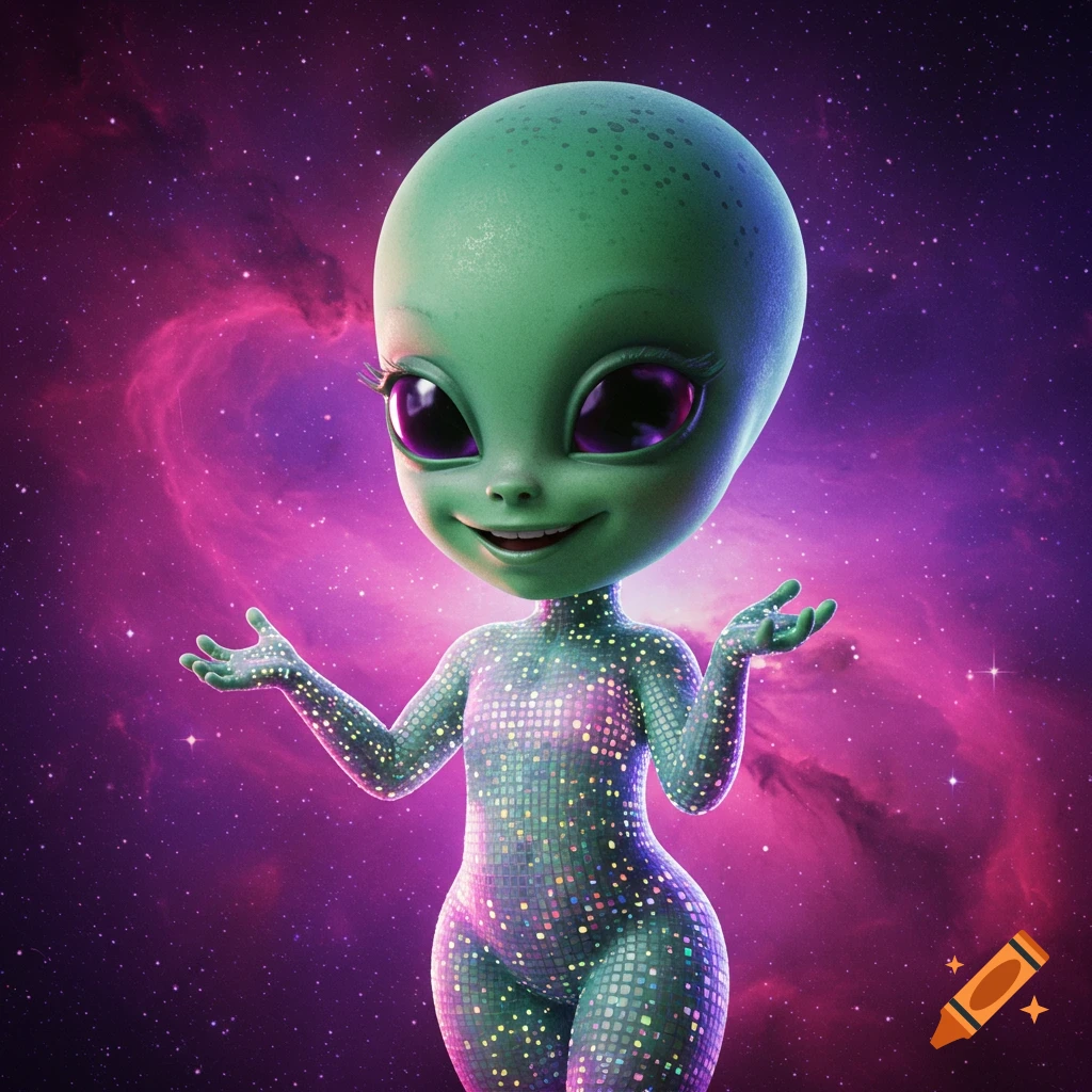 A green alien in a sparkly bodysuit stands against a galaxy backdrop.