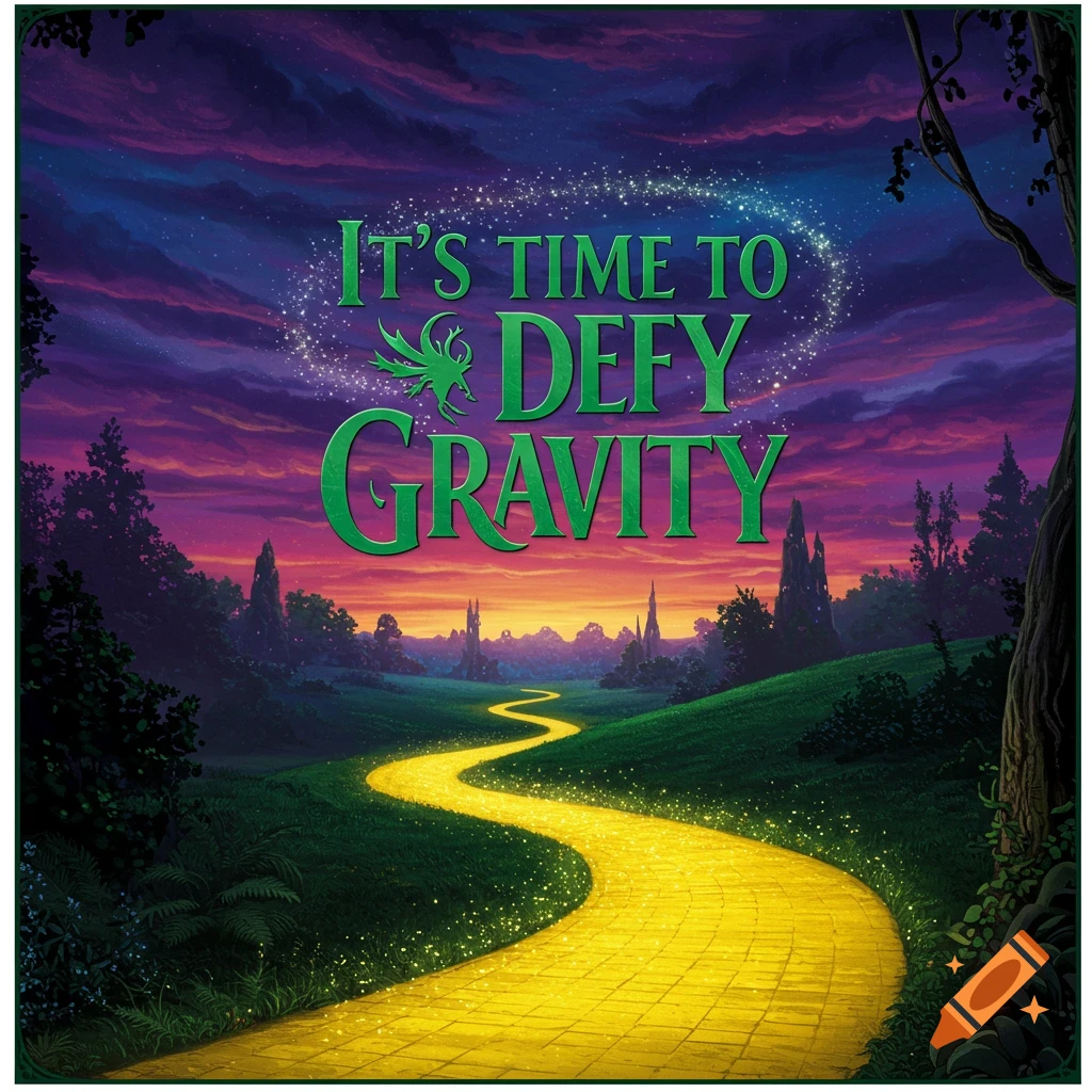 A yellow brick road winds through a green landscape towards a fantasy city under a purple sunset sky, with text 'It's time to defy gravity'