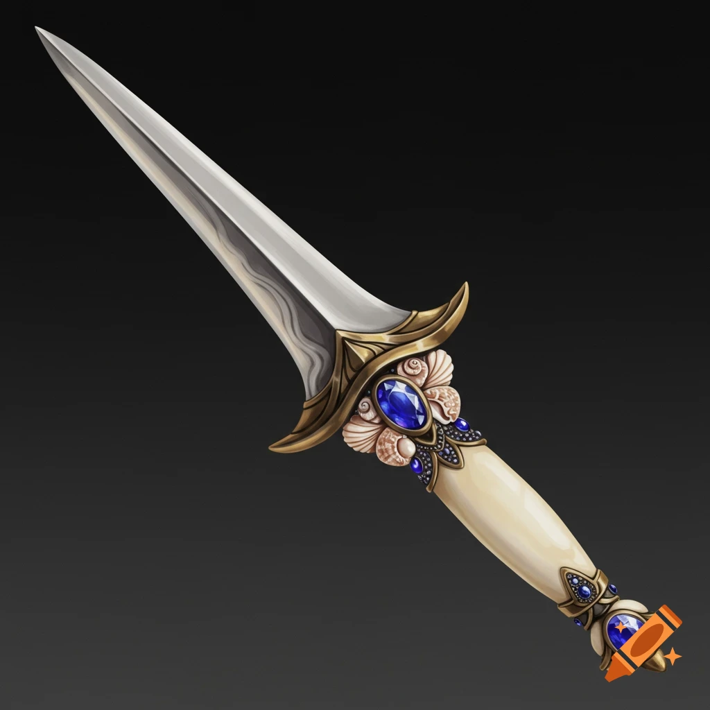 A decorative fantasy dagger with a white handle, gold trim, blue sapphires, and seashell accents.